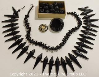 Collection of Antique Hand Carved Black Jet or Glass Buttons and Embellishments. 