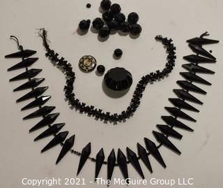 Collection of Antique Hand Carved Black Jet or Glass Buttons and Embellishments. 