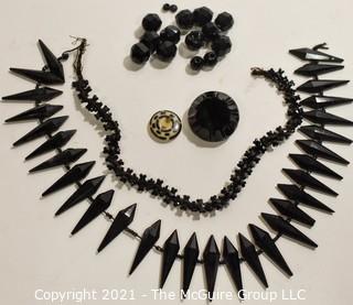 Collection of Antique Hand Carved Black Jet or Glass Buttons and Embellishments. 