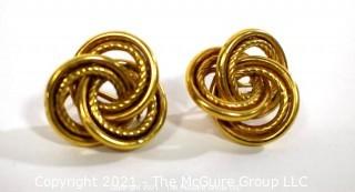 Oversized Love Knot or French Knot 14K Gold Earrings with Pierced Clip Back.  They measure approximately 1" wide; weigh 7.3g (Note:  Description was changed as of April 29; 5pm ET)