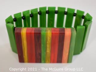 Rainbow and Green Bakelite Stretch Bracelet Signed by Artisan G. Paul. 