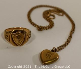 10 Kt Gold Filled Class Ring with Initials and Puffy Heart Pendant with Initial H on Chain. 