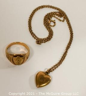 10 Kt Gold Filled Class Ring with Initials and Puffy Heart Pendant with Initial H on Chain. 