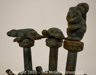 Vintage Cast Iron Garden Hose Spikes or Guides With Animal Toppers - Frog, Squirrel & Turtle.  Measures approximatley 22" tall.