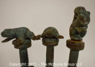 Vintage Cast Iron Garden Hose Spikes or Guides With Animal Toppers - Frog, Squirrel & Turtle.  Measures approximatley 22" tall.