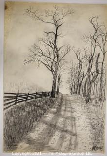 Road By Fence, Original Charcoal on Paper. Sarah Isabella Rockwell Young (1930-2016) Berkeley Springs WV.