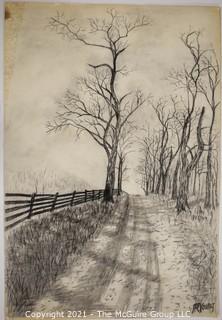 Road By Fence, Original Charcoal on Paper. Sarah Isabella Rockwell Young (1930-2016) Berkeley Springs WV.