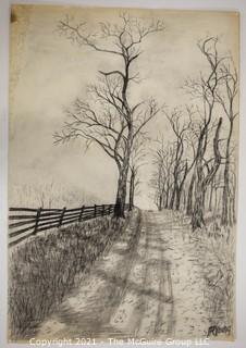 Road By Fence, Original Charcoal on Paper. Sarah Isabella Rockwell Young (1930-2016) Berkeley Springs WV.