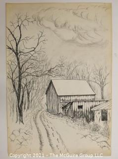 Footprints in Snow, Original Charcoal on Paper. Unsigned but attributed to Sarah Isabella Rockwell Young (1930-2016) Berkeley Springs WV.