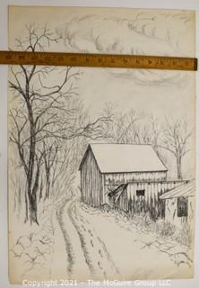 Footprints in Snow, Original Charcoal on Paper. Unsigned but attributed to Sarah Isabella Rockwell Young (1930-2016) Berkeley Springs WV.