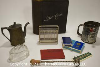 Ecclectic Group.  Includes Vintage Empty Postcard Book, Coin Bank, Thermometer, Playing Cards, Sifter, Glass Mold, Etc.