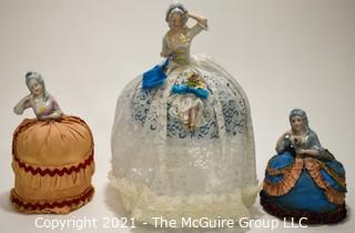 Three (3) Porcelain Pin Cushion Dolls, One Stamped Made in Germany.