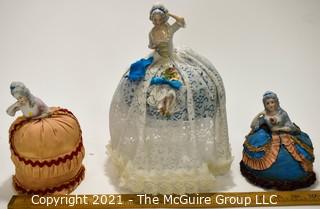 Three (3) Porcelain Pin Cushion Dolls, One Stamped Made in Germany.