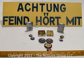 Manly Mix.  Includes German Sign (Attention, Enemy Is Listening), Lighters, and Political Pinback or Buttons. 