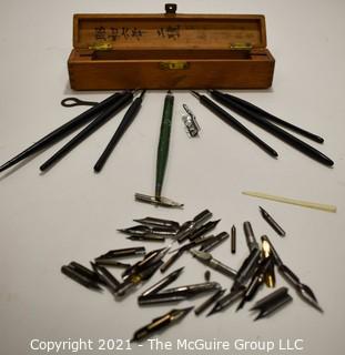 Collection of Calligraphy Pens and Nibs in Wooden Asian Box