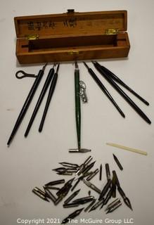 Collection of Calligraphy Pens and Nibs in Wooden Asian Box