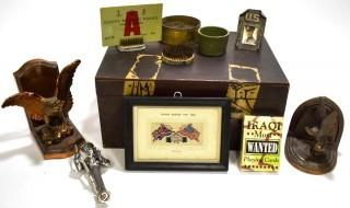 Eclectic collection Includes Military Items, Pin Frogs, Book Ends, etc 