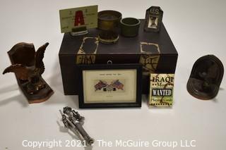 Eclectic collection Includes Military Items, Pin Frogs, Book Ends, etc 