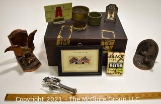 Eclectic collection Includes Military Items, Pin Frogs, Book Ends, etc 