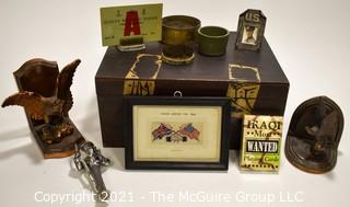 Eclectic collection Includes Military Items, Pin Frogs, Book Ends, etc 