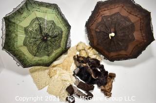 Antique Victorian Silk & Lace Collapsible Parasols with Celluloid Horse Finials and Group of Trims Including Hand Made Lace and Fur