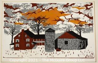 Original Wood Cut Print by Sarah Isabella Rockwell Young (1930-2016) Berkeley Springs WV. Farm and Silo