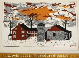 Original Wood Cut Print by Sarah Isabella Rockwell Young (1930-2016) Berkeley Springs WV. Farm and Silo