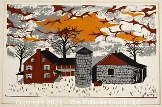 Original Wood Cut Print by Sarah Isabella Rockwell Young (1930-2016) Berkeley Springs WV. Farm and Silo