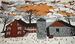 Original Wood Cut Print by Sarah Isabella Rockwell Young (1930-2016) Berkeley Springs WV. Farm and Silo