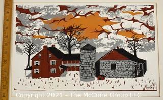 Original Wood Cut Print by Sarah Isabella Rockwell Young (1930-2016) Berkeley Springs WV. Farm and Silo