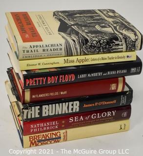 Selection of Hard Back Book w/ Dust Covers various themes: Appalachian Trail; The Bunker; PB Floyd; Flanders Field; etc