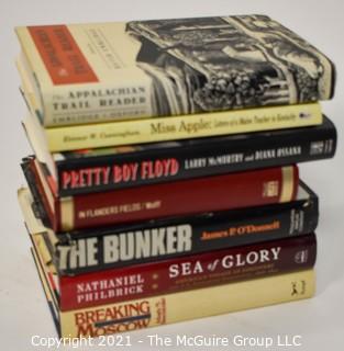 Selection of Hard Back Book w/ Dust Covers various themes: Appalachian Trail; The Bunker; PB Floyd; Flanders Field; etc