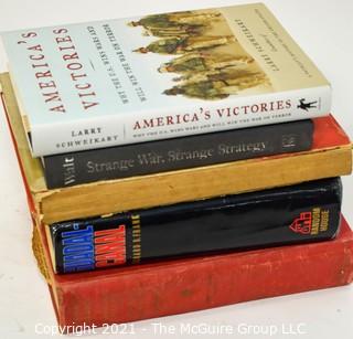 Selection of Military theme books: American Victories; Strange War...(inscribed & signed); Guadalcanal; etc