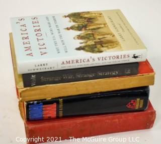 Selection of Military theme books: American Victories; Strange War...(inscribed & signed); Guadalcanal; etc