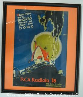 Framed under Glass RCA Radiola 28 Radio Poster.  Measures approximately 27" x 22".