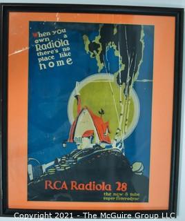 Framed under Glass RCA Radiola 28 Radio Poster.  Measures approximately 27" x 22".