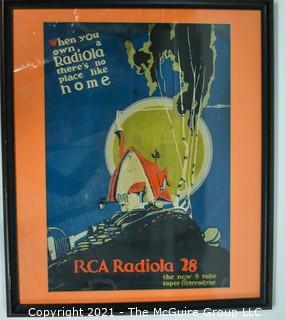 Framed under Glass RCA Radiola 28 Radio Poster.  Measures approximately 27" x 22".