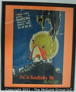 Framed under Glass RCA Radiola 28 Radio Poster.  Measures approximately 27" x 22".