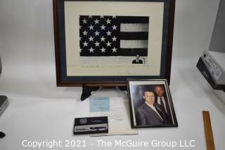 Group of Political Memorabilia.  Includes Framed Under Glass Sign Photo With Dedication from Caspar Weinberger to Bill Caldwell; Photo of Caldwell and Weinberger; Official Documents; Commemorative Weinberger Pen in Box