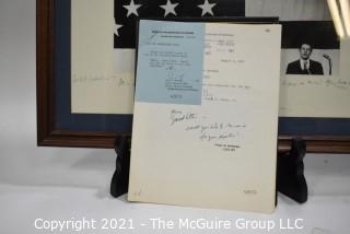 Group of Political Memorabilia.  Includes Framed Under Glass Sign Photo With Dedication from Caspar Weinberger to Bill Caldwell; Photo of Caldwell and Weinberger; Official Documents; Commemorative Weinberger Pen in Box