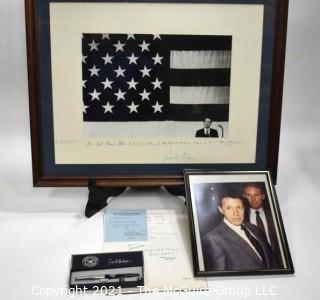 Group of Political Memorabilia.  Includes Framed Under Glass Sign Photo With Dedication from Caspar Weinberger to Bill Caldwell; Photo of Caldwell and Weinberger; Official Documents; Commemorative Weinberger Pen in Box