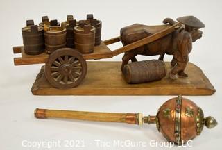 Tibetan Prayer Wheel and Vietnamese carving of Water Buffalo, Herder and Cart.