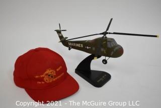 Professional Scaled Model of Marine Sikorsky UH-34 Helicopter on Stand. Hat commemorating the Restoration of the Helicopter.