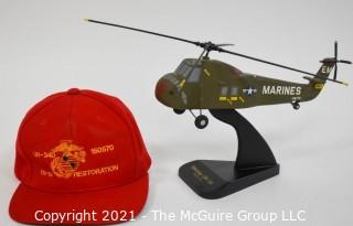 Professional Scaled Model of Marine Sikorsky UH-34 Helicopter on Stand. Hat commemorating the Restoration of the Helicopter.