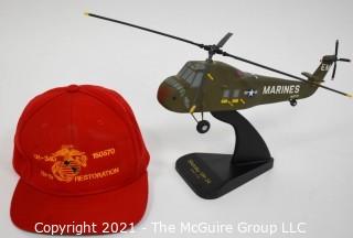 Professional Scaled Model of Marine Sikorsky UH-34 Helicopter on Stand. Hat commemorating the Restoration of the Helicopter.