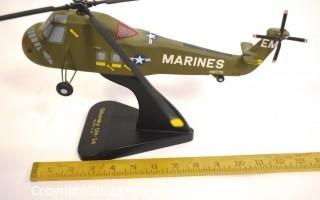 Professional Scaled Model of Marine Sikorsky UH-34 Helicopter on Stand. Hat commemorating the Restoration of the Helicopter.