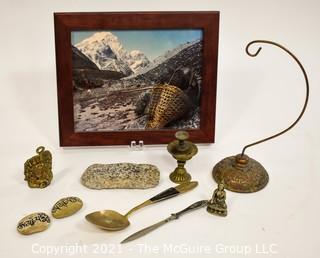 Framed Photo Mt. Everest and various brass items from Nepalese Temples