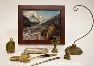 Framed Photo Mt. Everest and various brass items from Nepalese Temples