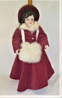 Vintage Doll: Unmarked Bisque Head Doll w/ Jointed composition body in scarlet red outfit