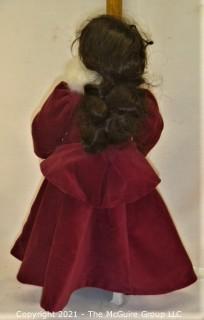 Vintage Doll: Unmarked Bisque Head Doll w/ Jointed composition body in scarlet red outfit